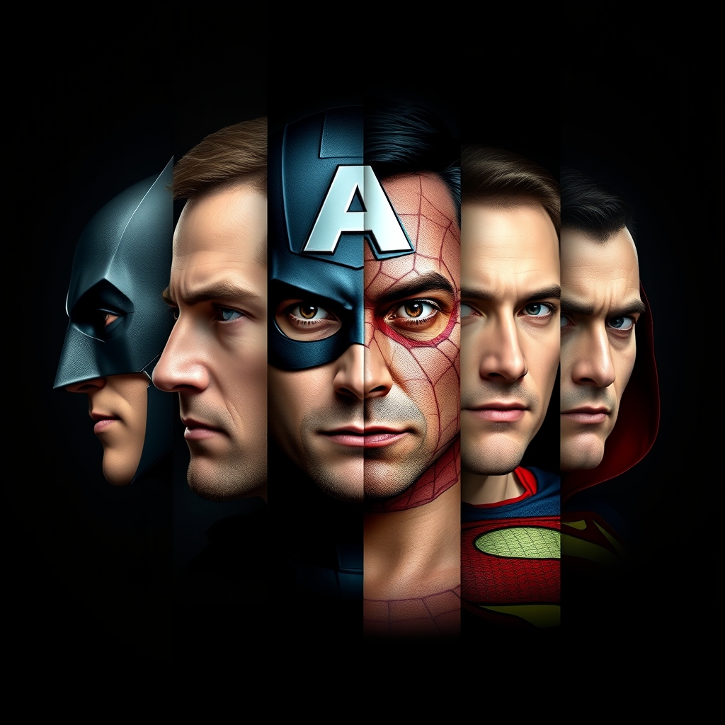 عکس یک صورت که ۵ قسمت شده که هر قسمت قستی از صورت یکی از قهرمان هاست و از سمت راست شروع کن بتمن، کاپییتان امریکا ، مرد عنکبوتی ، سوپرمن ، دراکول4