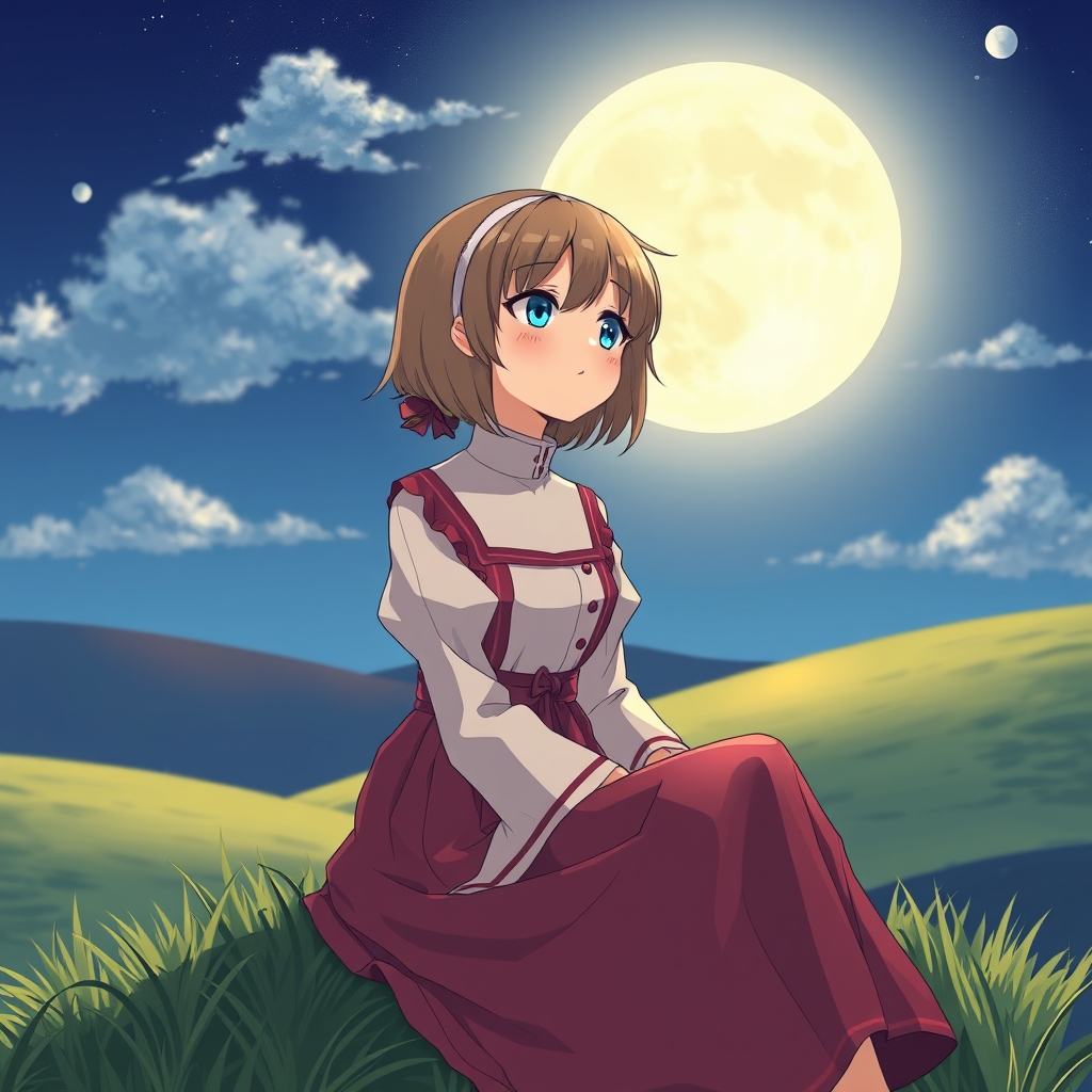 دختر که داره به ماه نگاه میکنه و نشستهولباس زیبا خواب روی تپه نشسته16