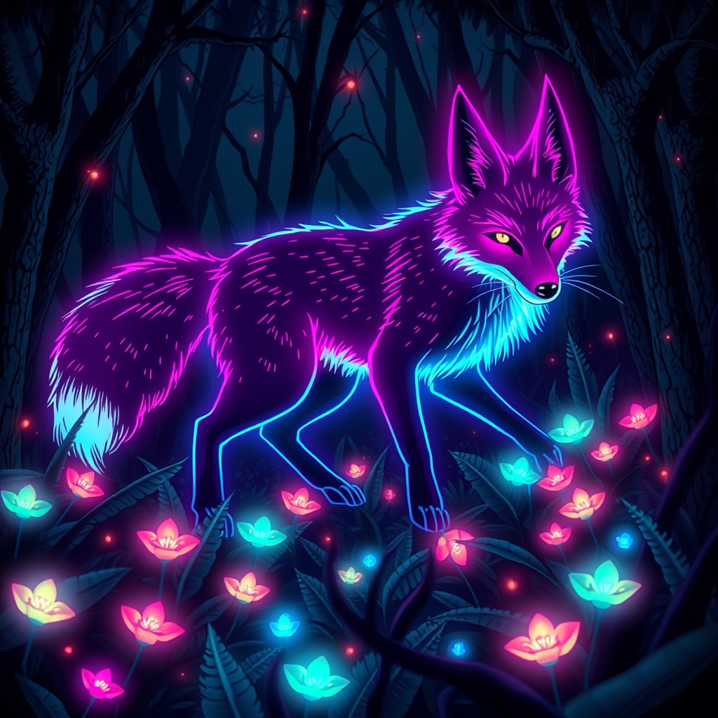یک روباه نئونی درخشان در جنگلی تاریک، احاطهشده توسط گیاهان شبتاب.20