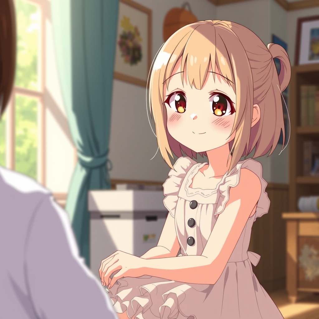 دختری ۱۳ ساله و زیبا با لباس تور دار و پف پفی در خانه ای نشسته روبه روی میزبان خانه 15