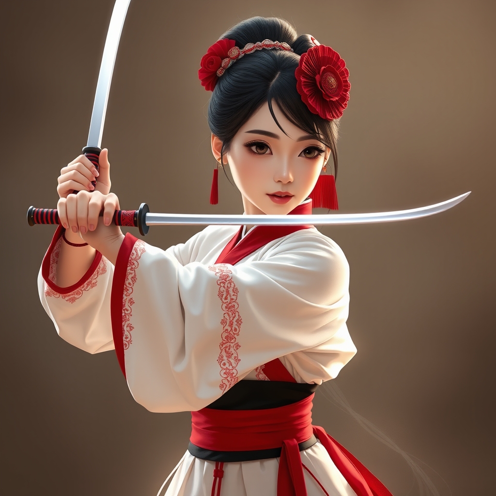 یک دختر چینی زیبا با لباس سفید و قرمز و سیاه که داره رقم بالی با شمشیر را انجام می ده و یک ماسک چینی پوشیده خیلی زیباست5