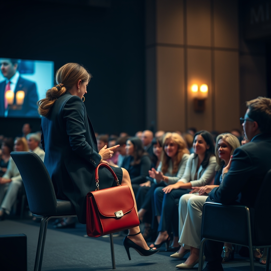 دختری که روانشناس است و الان با کت و شلوار مشکی کفش و کیف قرمز با دستبند های طلایی گوشواره حلقه ای بزرگ در حال مشاوره دادن است بر روی صحنه است و مردم با اشتیاق و حیرت در حال گوش دادن هستند2