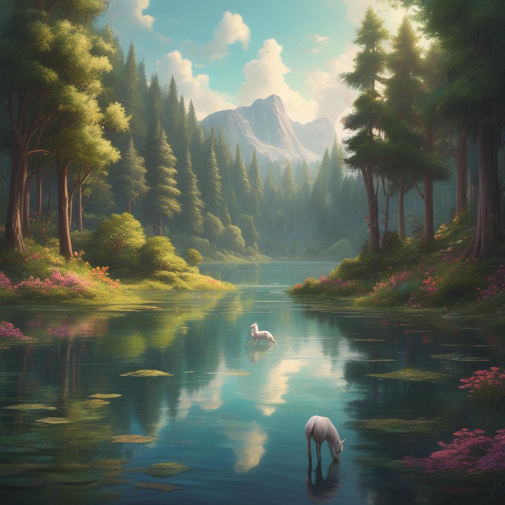 دریاچهای زیبا و آرام احاطه شده توسط جنگلهای جادویی که تکشاخها برای نوشیدن آب و بازی میآیند.3