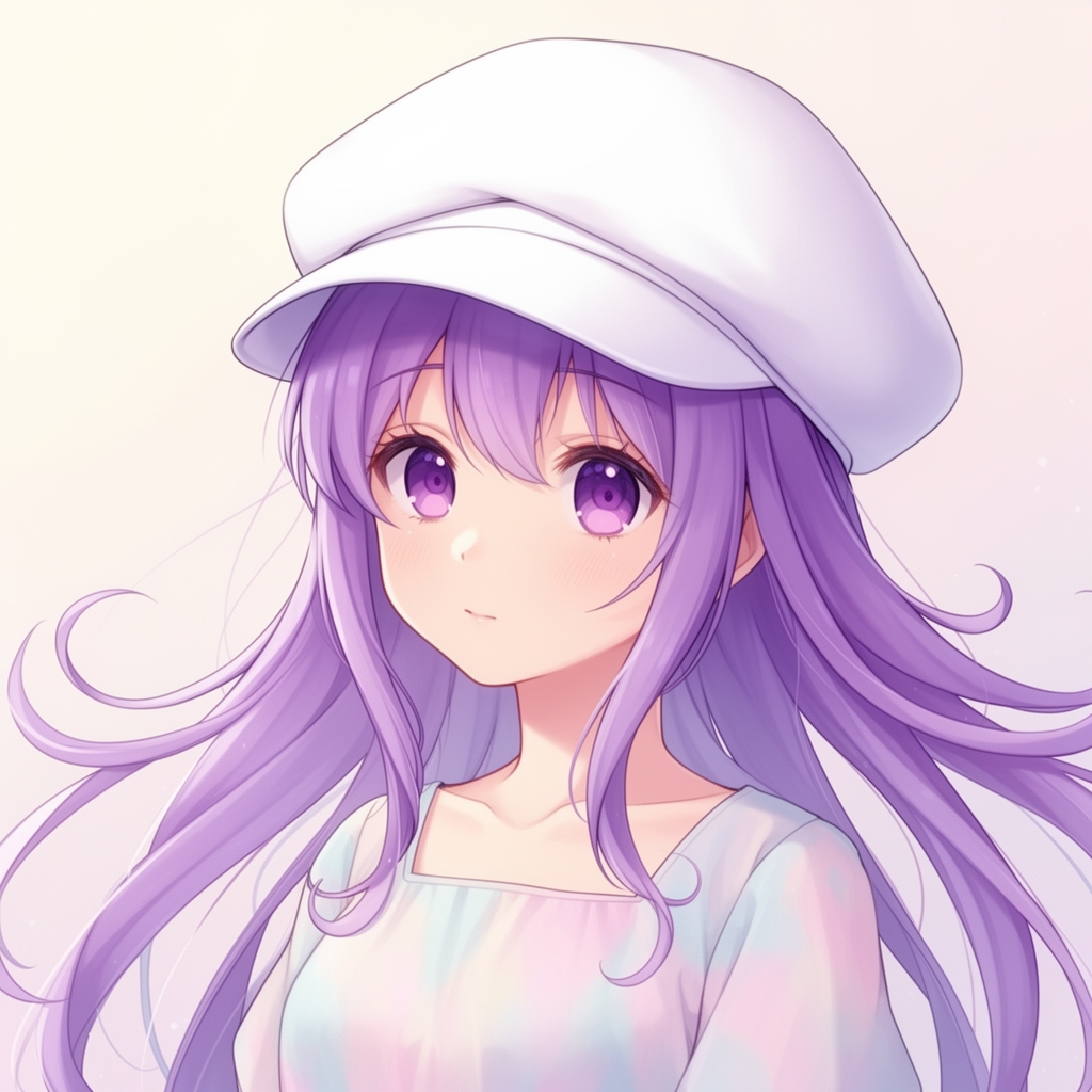 یک دختر کیوت که کلاهی روی سرش است که مو های چتری آن دختر از کلاه بیرون آمده و بقیه ی مو ها داخل کلاه هستند کلاه به رنگ سفید و مو ها و چشم ها به رنگ بنفش هستند3