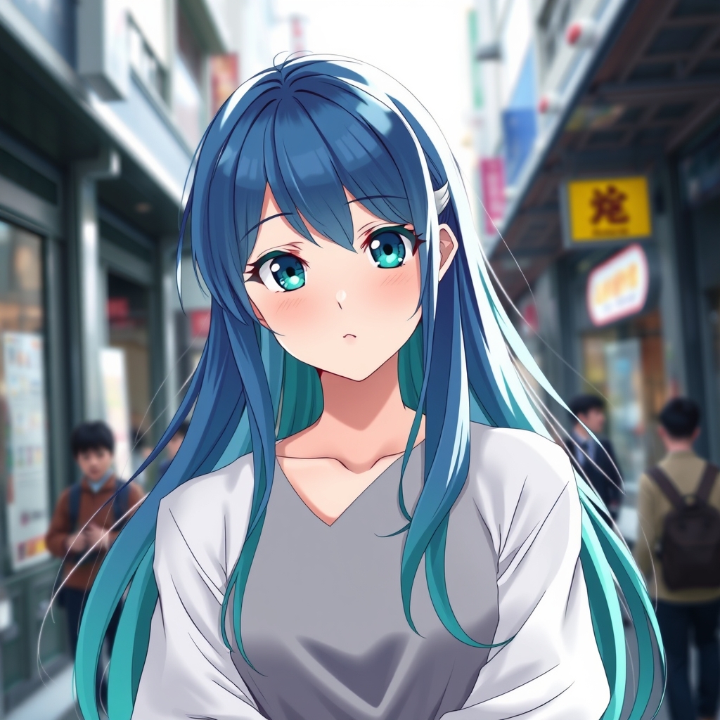 عکس یه دختر با موهای بلند بلند آبی که بخش پایین موهاش سبز هست . چشم های اون دختر درشت و درخشان هستند و رنگشون سبزآبی هست . اون دختر ۲۰ سال ین داره و لباس سفید و خاکستری پوشیده و در یک جای شلوغ است عکس سرتاپا 5