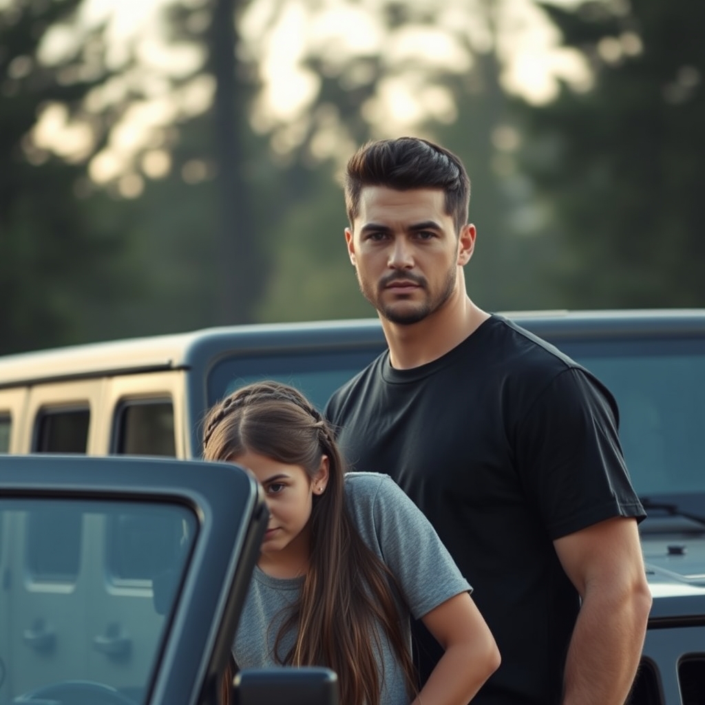 یک مرد قد بلند با مو های سياه و پوست سفید با پیراهن سیاه و یک دختر حدودا 13 ساله با یک ماشین جیپ 22