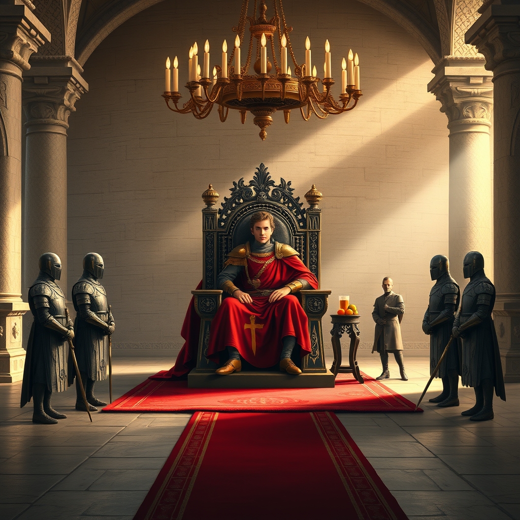 یک لرد جوان باستانی در سالن اصلی قصر باستانی روی صندلی ریاست یک لوستر شمعی چهار شوالیه روبروی فرش قرمز ایستاده اند جام نوشیدنی و میوه روی میز کوچک کنار لرد0