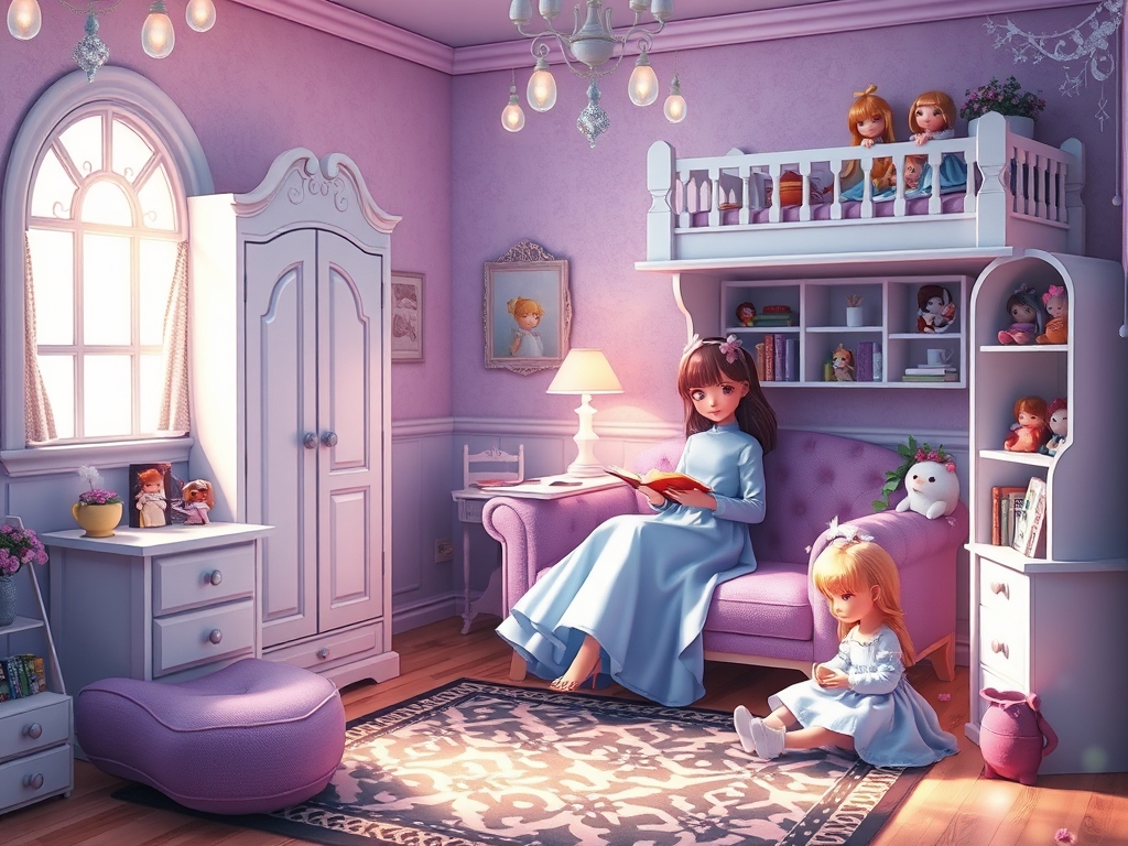  عکس یک اتاق پر عروسک های زیبا دیوارهای اتاق یاسی با یک تخت دو طبقه در گوشه اتاق که سفید است و یک کمد سفید زیبا و یک میز تحریر که ۲ و سه کتاب روی آن هست یک لیوان چای روی آن هست یک گلدان کوچک روی آن است یک جامدادی هم روی آن است یک مبل راحتی کوچک در گوشه اتاق هست که رنگش بنفش است و دختری با لباس و دامن آبی کمرنگ روی آن نشسته و در حال کتاب خواندن است یک کتابخانه کوچک سفید کنار میز تحریر وجود دارد و یک دختر کوچک روی زمین در حال بازی کردن با عروسک است و فرش کف اتاق حالت سفید و مشکی دارد23