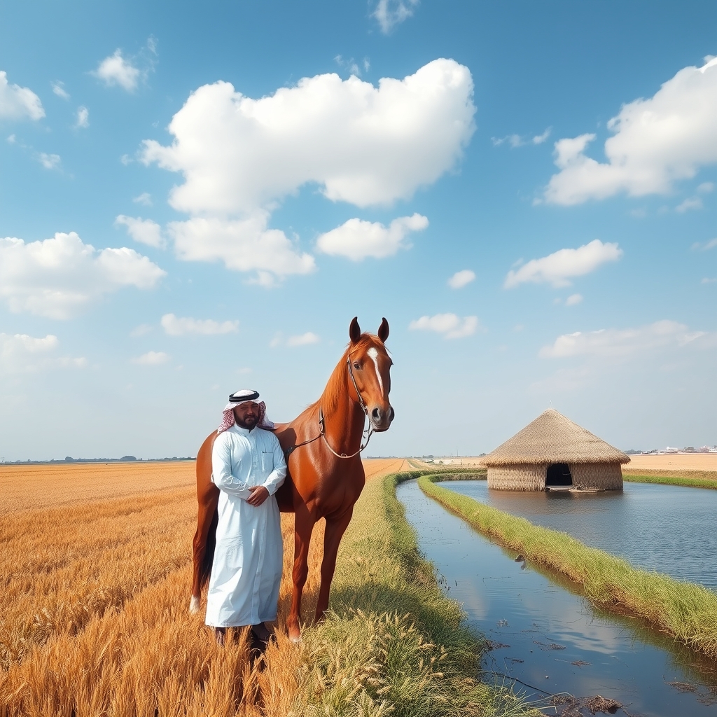 زمین کشاورزی که گندم کشت شده کنار زمین کانال بزرگ اب و کنار کانال کپر عربی ساخته شده از نیو یک مرد با لباس عربی سفید یک اسب اصیل قرمز کنارش ایستاده و اسب را از گردن گرفتهو اسمون ابی صافو ابرهای  سفید 10