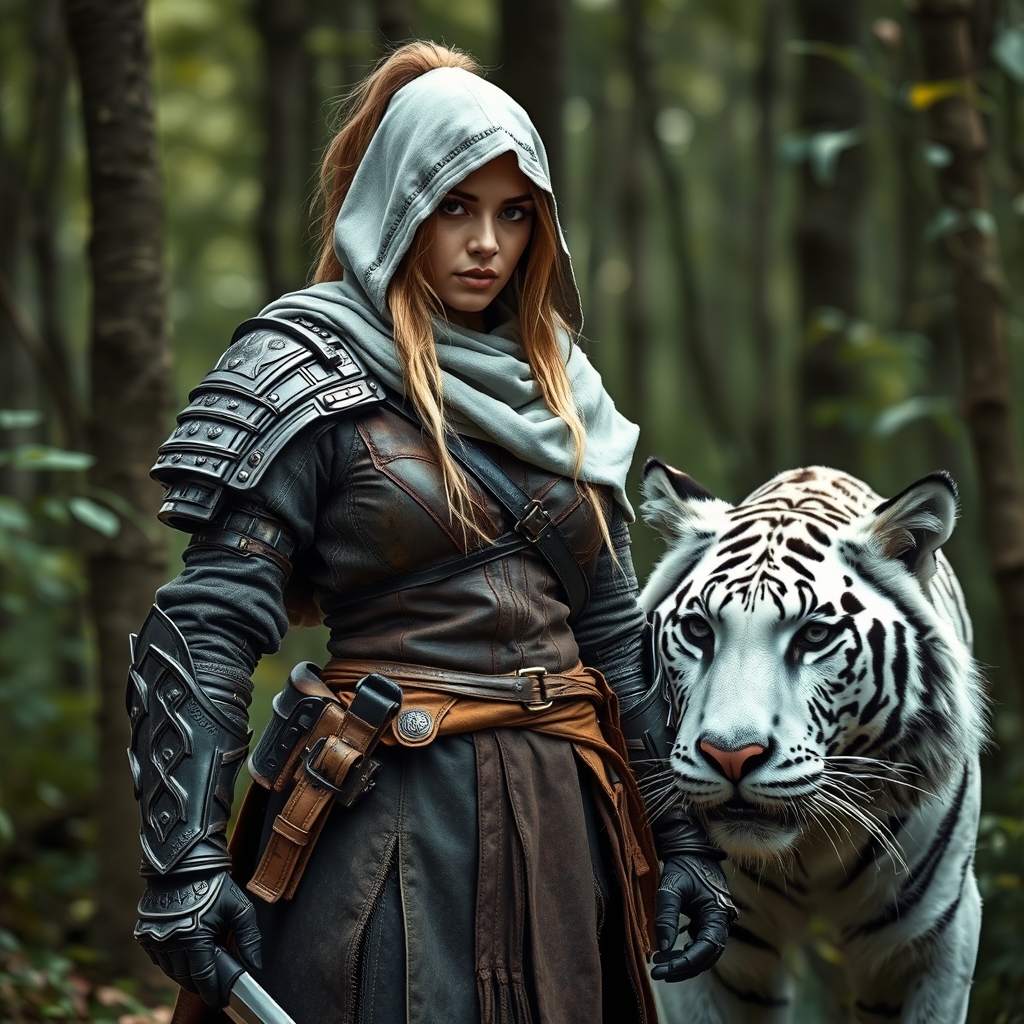 زن جنگجو وقوی در جنگل کنار ببر سفید 4