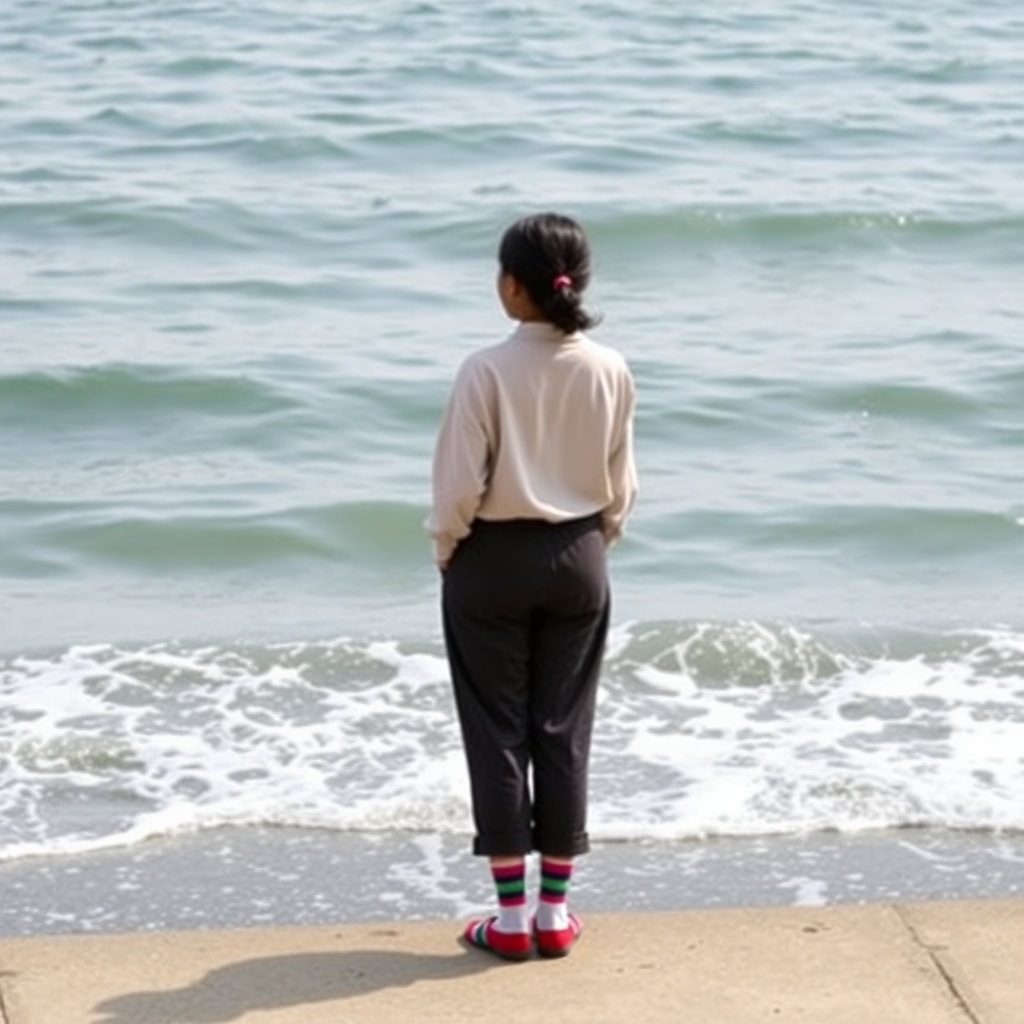 دختری که جوراب رنگی رنگی دارد.در دریا شناور است4