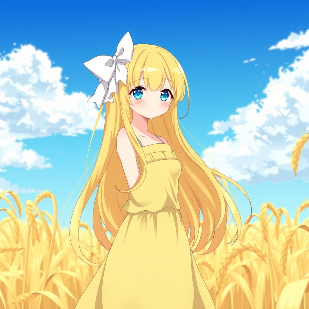 یک دختر زیبا و رویایی با موی بلند و زرد و یک پاپیون سفید روی موهایش و دختر یک لباس زرد پوشیده و میان یک گندم زار است6