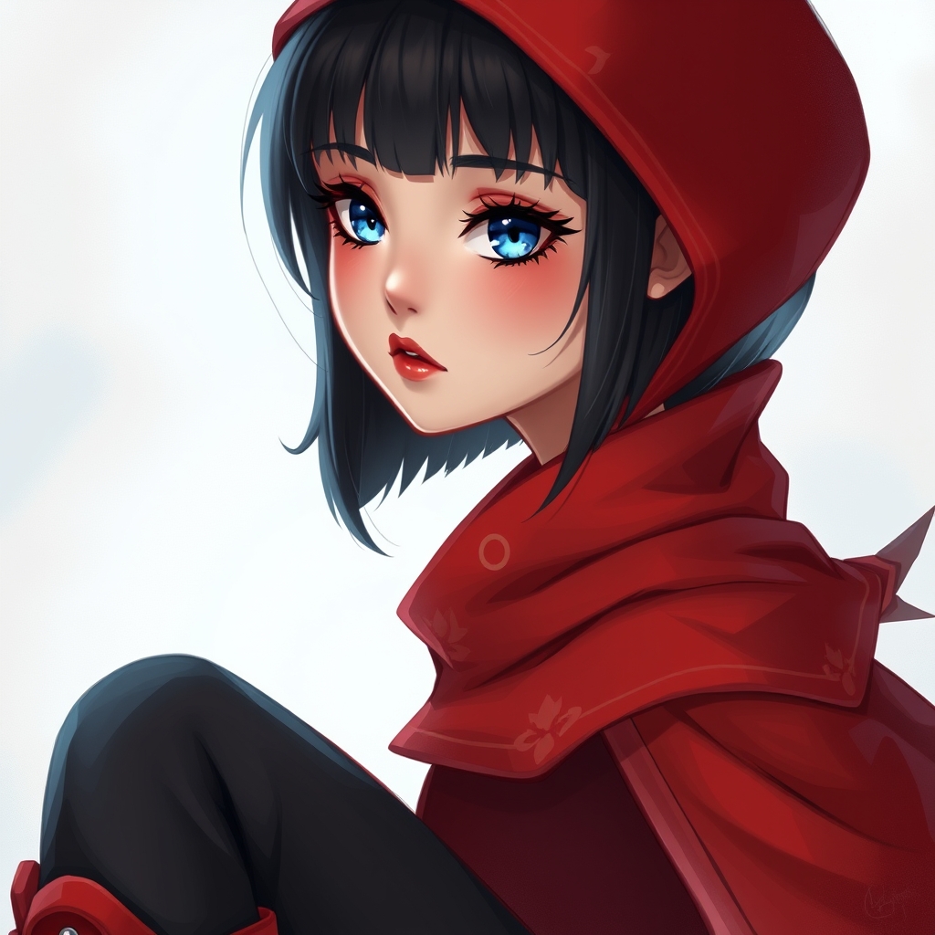 یک دختر خیلی زیبا با چشمان آبی روشن لب های سرخ و مژه های بلند فانتزی و مو های فرفری مشکی با یک شنل قرمز و پالتو ی بلند قرمز با شلوار مشکی و پوتین قرمز
5