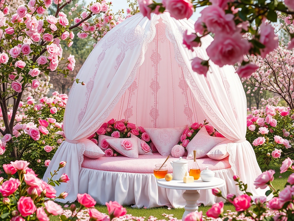 در صبح بهاری باغ گل رز صورتی در احاطه درختان پر شکوفه یک خیمه توری گل بهی سفید و صورتی با تخت گرد صورتی با کوسن های سفید  پر از گل های رز صورتی و میز کوچک سفید با نان کره خامه عسل میوه شیر 
5