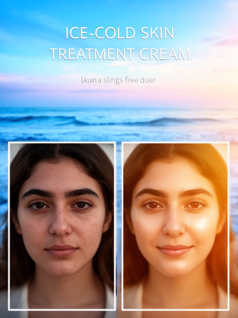یه پوستر برای کرم درمانی یخچالی پوست با تصویر انسانی دختر ایرانی که قبل و بعد از زدن کرم رو نشون بده با پس زمینه آبی کنار ساحل دریا با توضیحات جذاب برام بساز 2