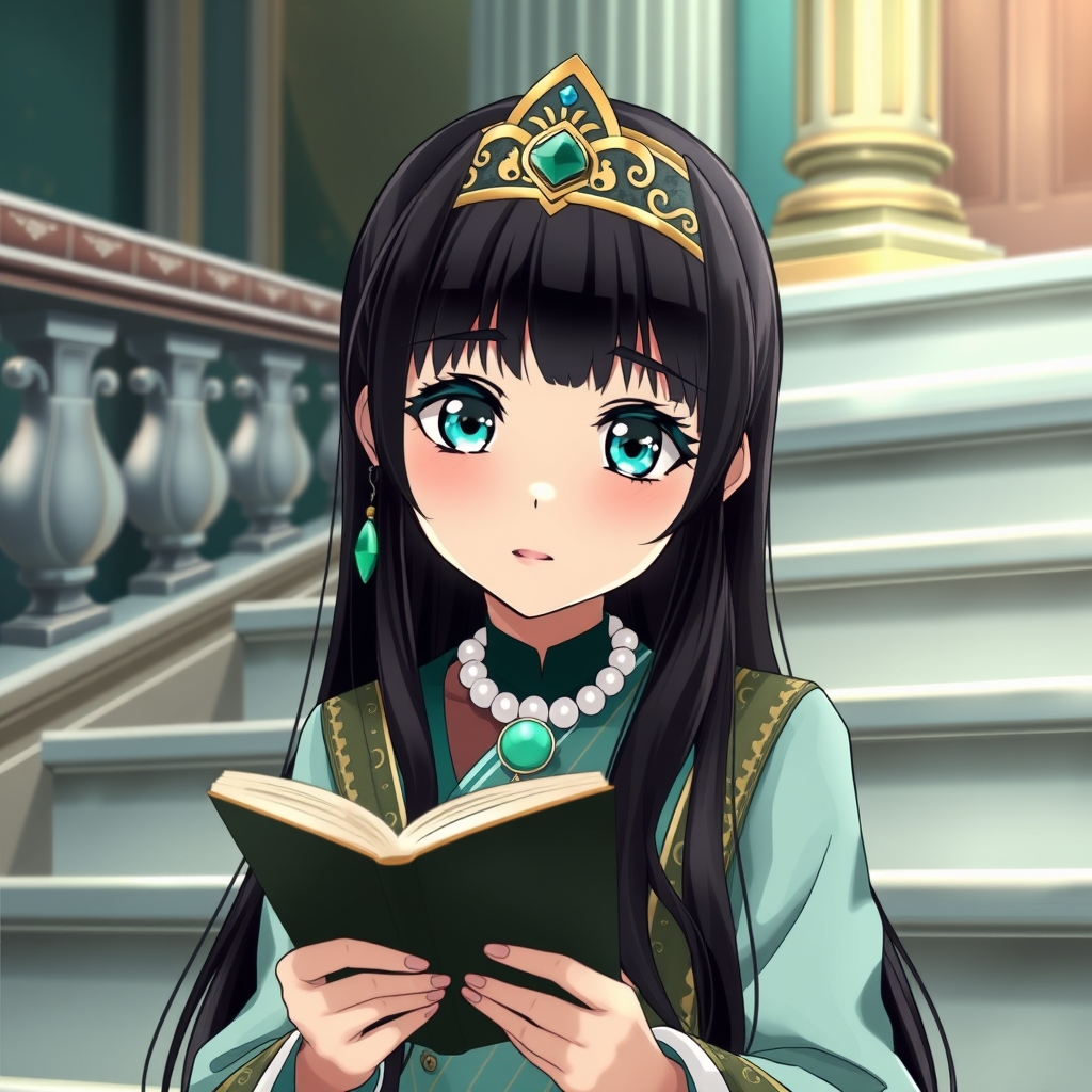 دختری با موهای بلند مشکی و چشمان فیروزه‌ای در چشمان او دیده می‌شود مژه‌های بلندی دارد و متناسب بینی کوچکی دارد با لباس سلطنتی گوشواره‌های یاقوتی سبز یشمی گردنبندی صدف مروارید در حالی که ی پله‌های قصر نشسته و کتاب می‌خواند0