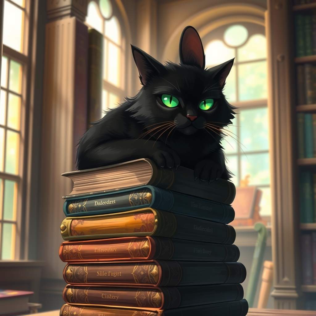 یک گربه سیاه مرموز با چشمان سبز درخشان، نشسته روی انبوهی از کتاب‌های قدیمی.11