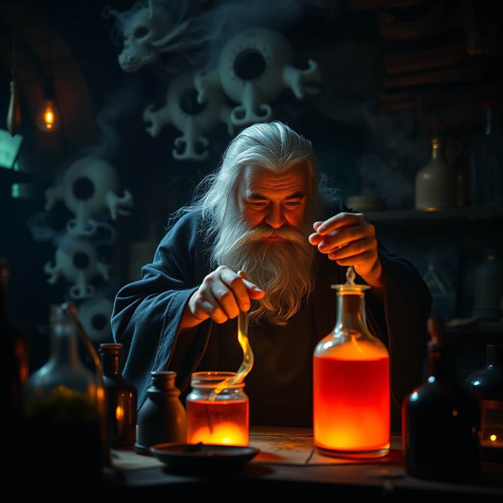 یک جادوگر اسرارآمیز در حال ساختن یک معجون درخشان در آزمایشگاهی تاریک و مهآلود.3