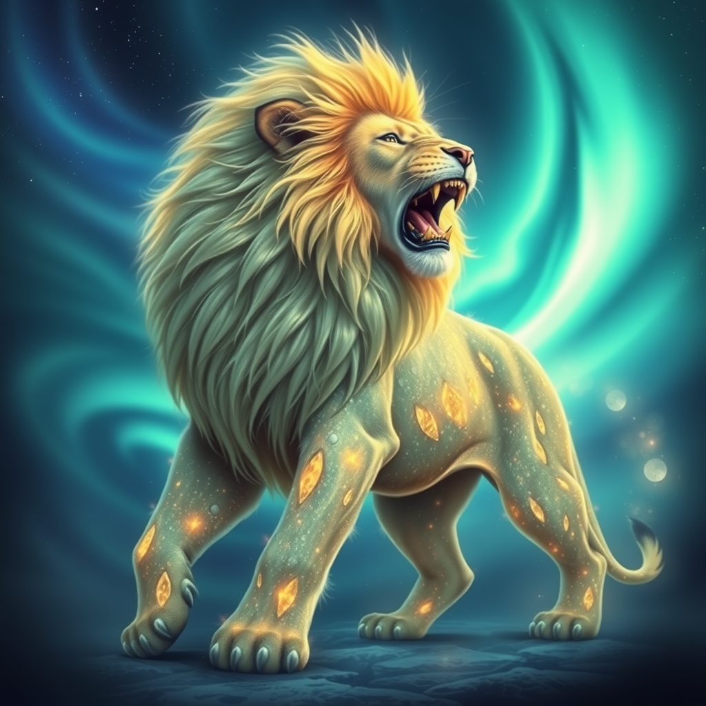 یک شیر قدرتمند با خز کریستالیشکل، غرشکنان زیر آسمانی روشن از شفق قطبی.6