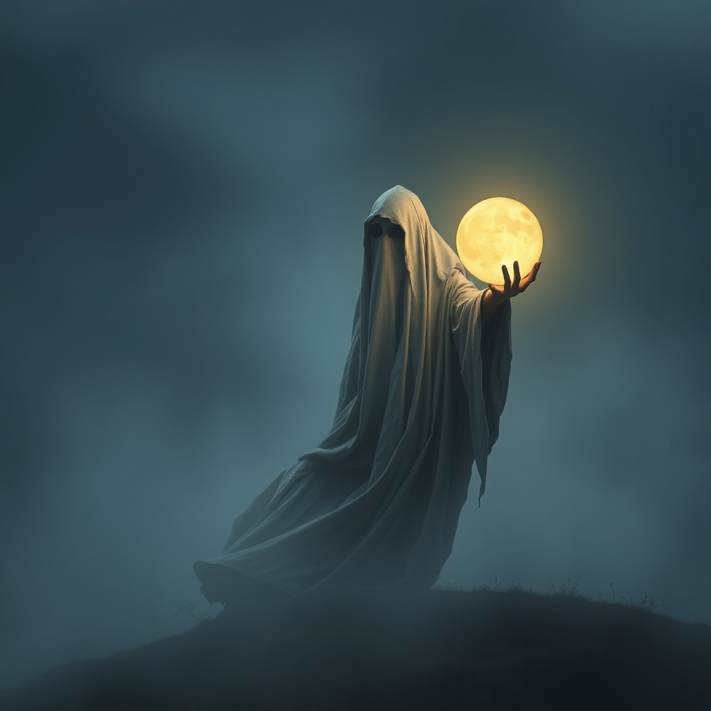 یک شبح مرموز از فردی که یک کره درخشان در دست دارد، ایستاده روی تپهای مهآلود.5