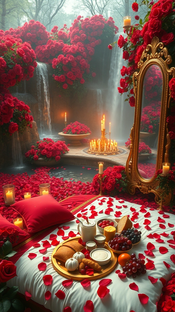 باغ بزرگ و افسانه ای پر گل سرخ
آبشارها به داخل برکه می ریزند 
 گوشه کنار هزاران شمع روشن ست
یک تشک گرم و نرم سفید با کوسن های قرمز پر شده با گلبرگ های سرخ دیده می شود
و سینی گرد و طلایی پر نان کره خامه عسل میوه و شیر و شیر برنج خوشه انگور سرخ سیاه زرد 
نزدیک تشک یک آینه تمام قد بلند از طلا ایستاده9