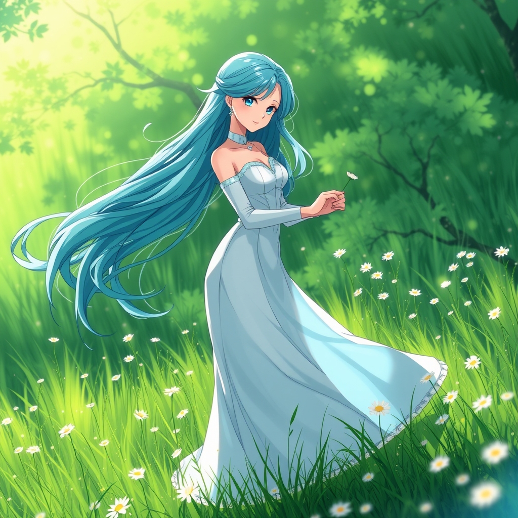 یک دختر زیبا با مو های فیروزه ای با لباس، پرنسس که در وسط یک جای سرسبز است و دارد گل می چیدد و نور پردازی شده باشه 17