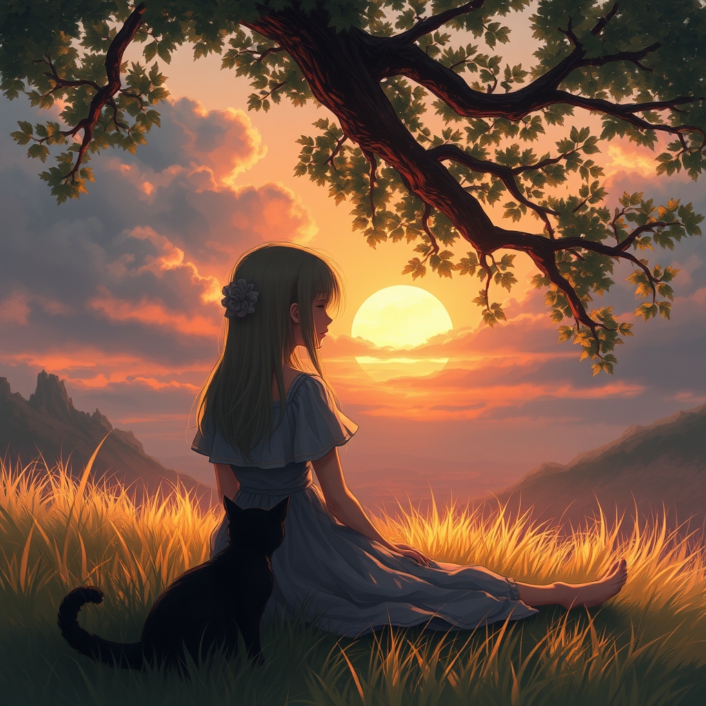دختری که زیر درخت روی چمن ها نشسته و دداره غروب رو نگاه میکنه یک گربه سیاه هم کنارشه
18