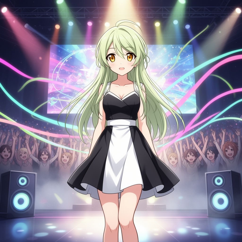 یک کنسرت که یک آیدل با موهای بلند سبز کمرنگ و و چشمان یشمی با لباس کوتاه و دامن مجلسی سیاه و سفید 0