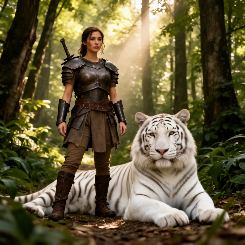 زن جنگجو وقوی در جنگل کنار ببر سفید 4