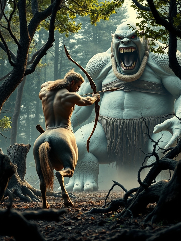 یک قنطرس درحال تیر اندازی با تیر و کمان به دیو سفید رنگ14