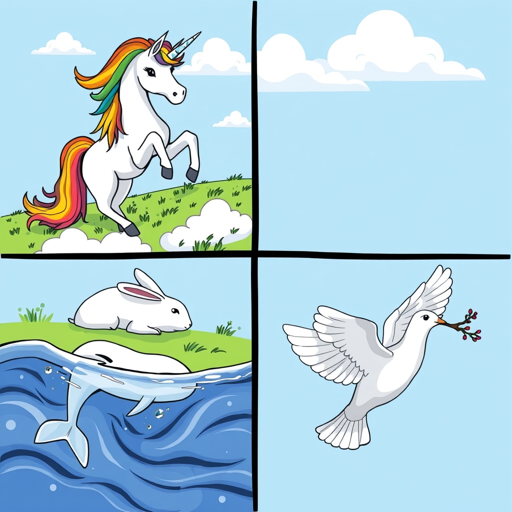 به چهار مربع تقسیمش کن
مربع اول تک شاخی باشه و ترکیب سفید با رنگارنگ باشه و بیشترش سفید باشه 🦄🌈
مربع دوم از یه خرگوش سفید که توی برفه
مربع سوم از یه فوک کوچولو و سفید که داره توی دریا شنا میکنه🌊🦭
مربع آخرم از یک کبوتر سفید که یه شاخه توی نوکش داره و در حال پرواز کردن توی یه آسمون صاف و آبیه🕊5