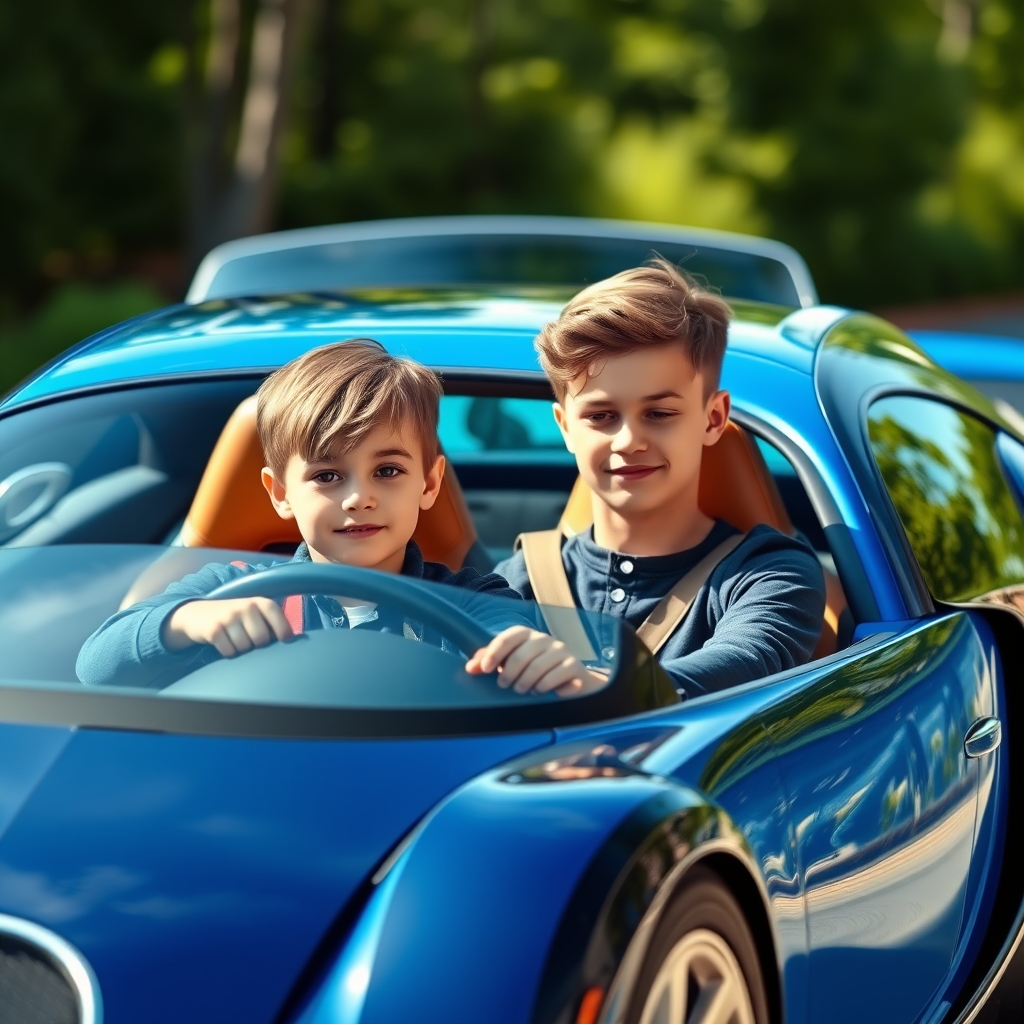 یه عکس بساز که یک پسر که حدودا ۱۵ سال سن داره پشت فرمون بوگاتی آبی داره رانندگی میکنه و پشت سرش هم یک پیر مرد با ماشین قدیمی و زشت درحال رانندگی کردن است
با کیفیت بالا 17