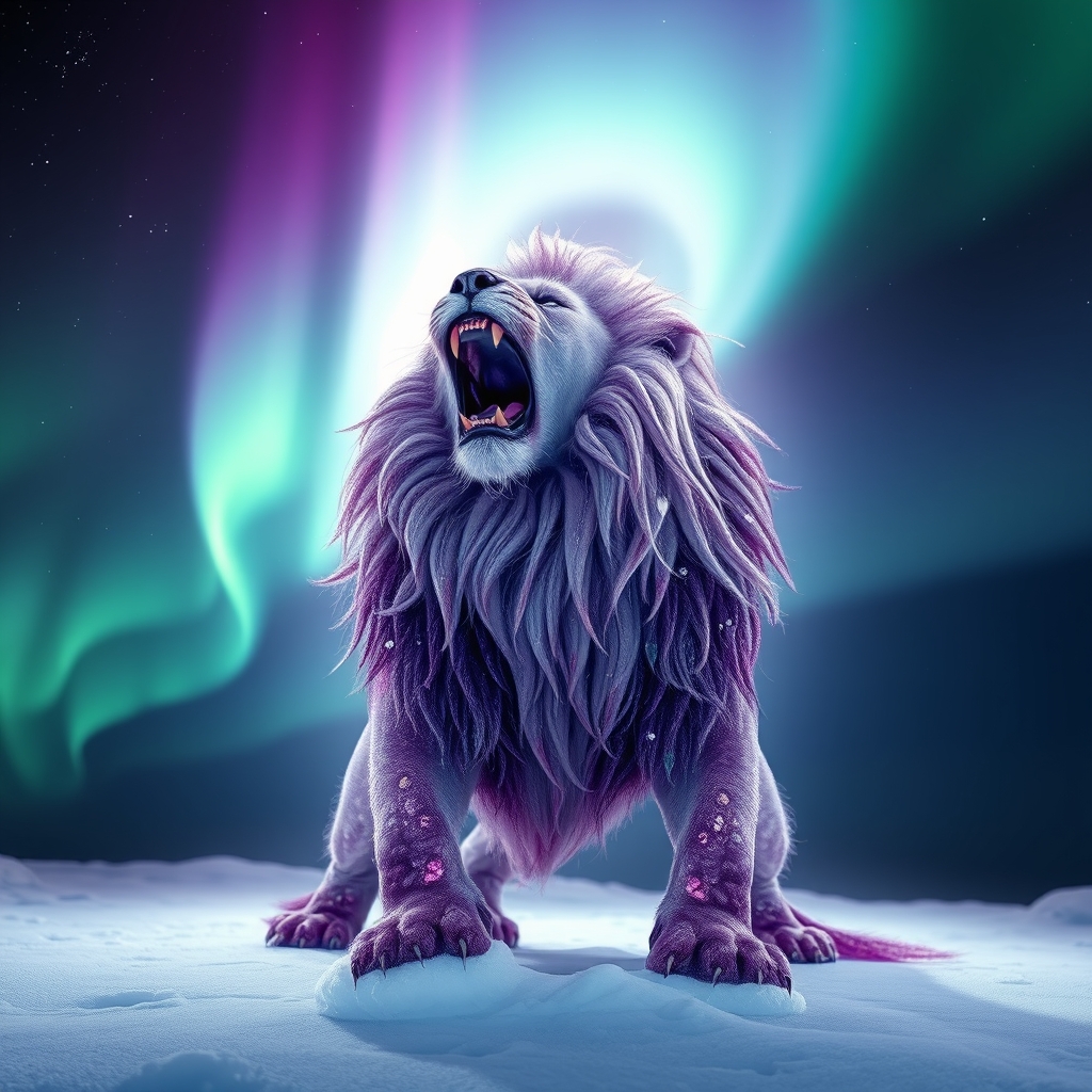 یک شیر قدرتمند با خز کریستالی‌شکل، غرش‌کنان زیر آسمانی روشن از شفق قطبی.23