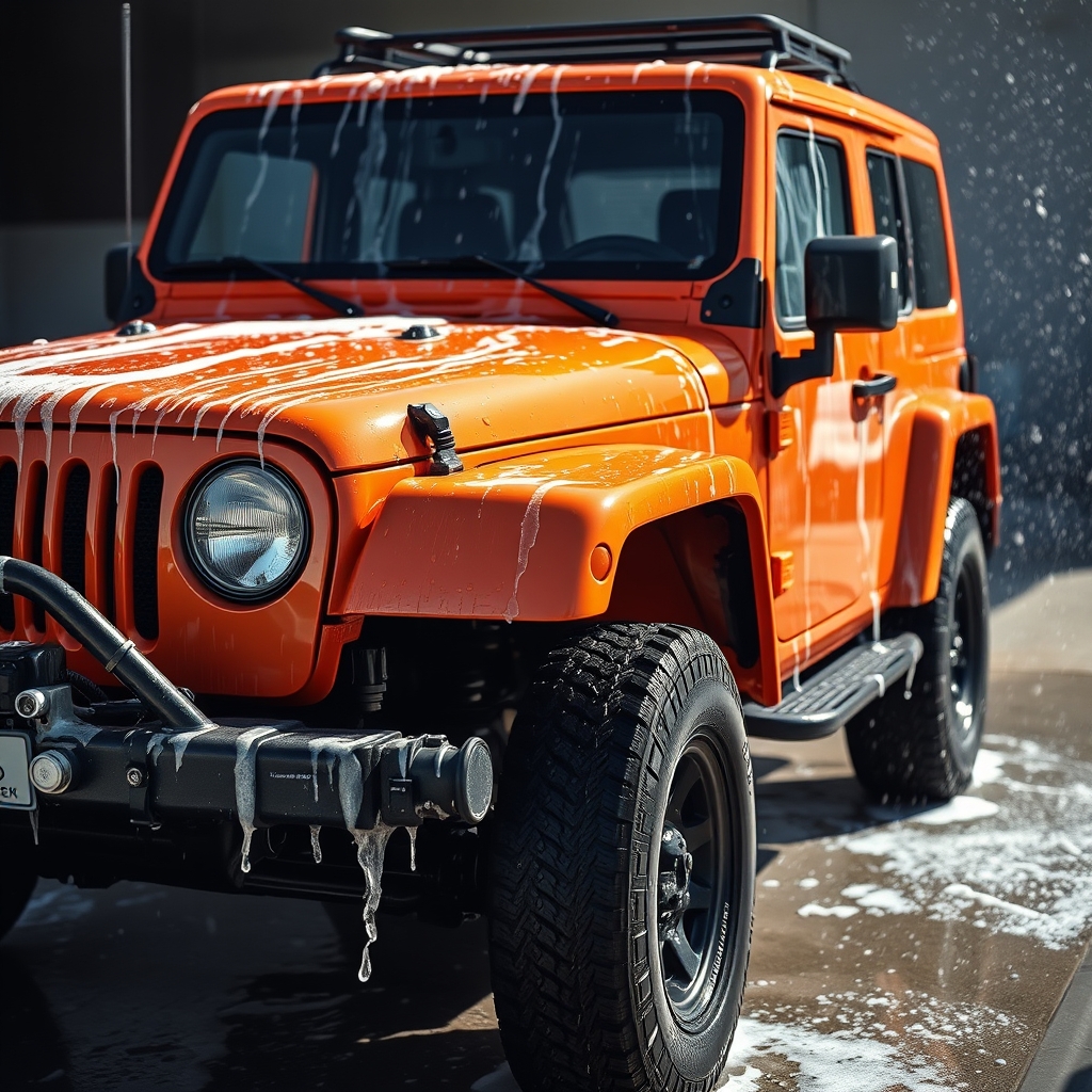 یک ماشین آفرود نارنجی در حال شست و شو 4