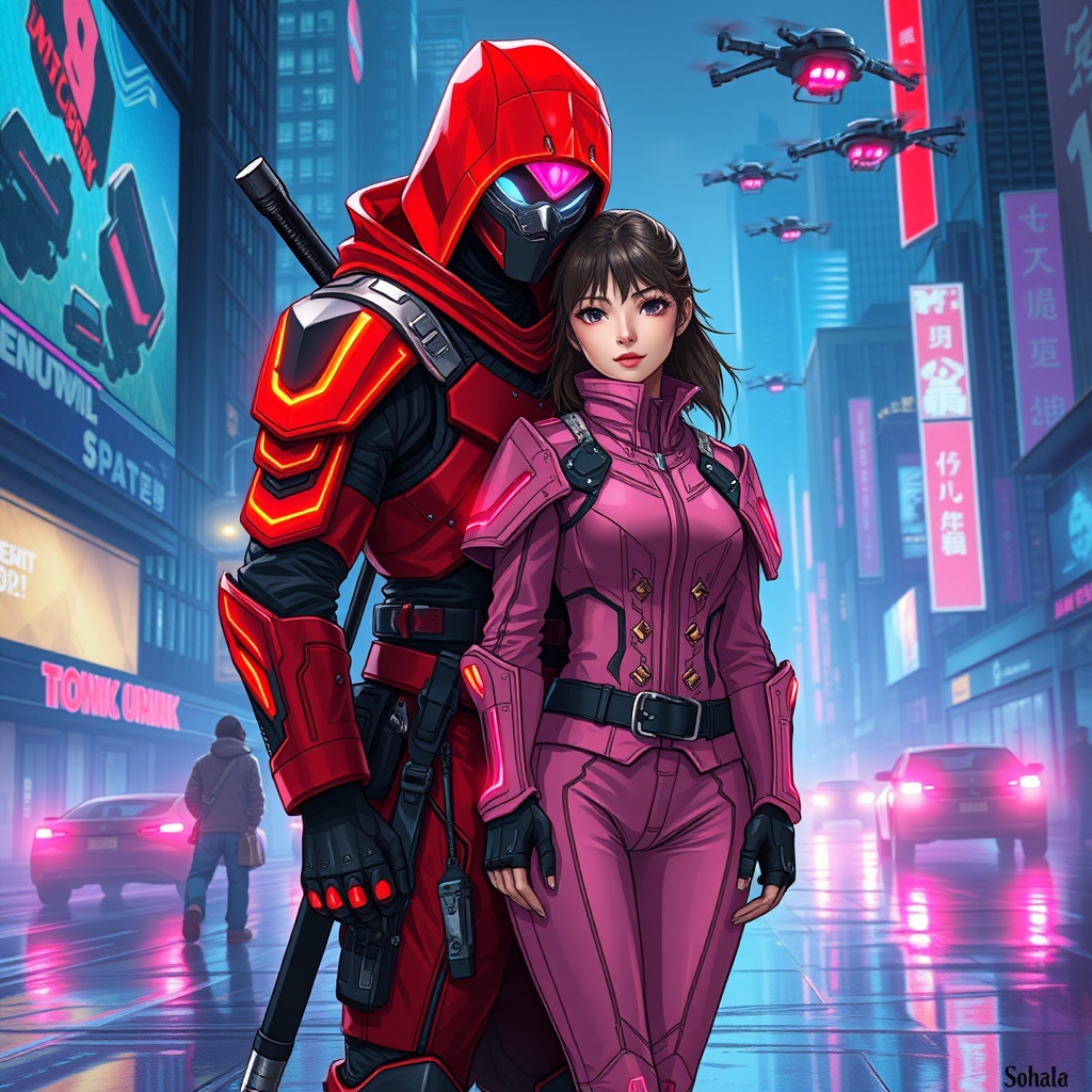 پسر ۱۸ نینجا سایبر پانک قرمز درحالی که دختری ۱۷ ساله سایبر پانک صورتی را در اغوش گرفته
17