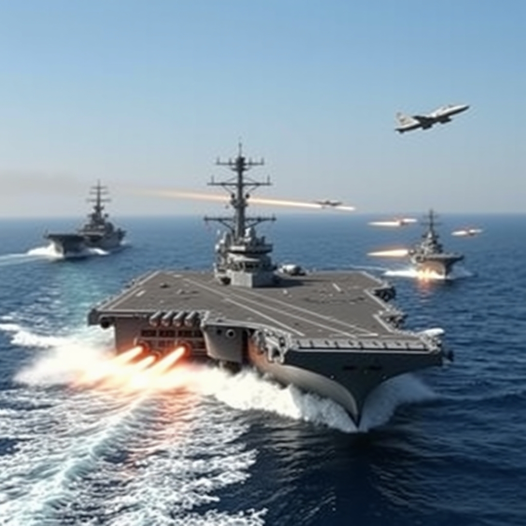 عکس ناو های هواپیمابر ایرانی در حال حرکت  و  تیراندازی و موشک اندازی‌ به سمت ناو دشمن بر روی دریا را بساز7