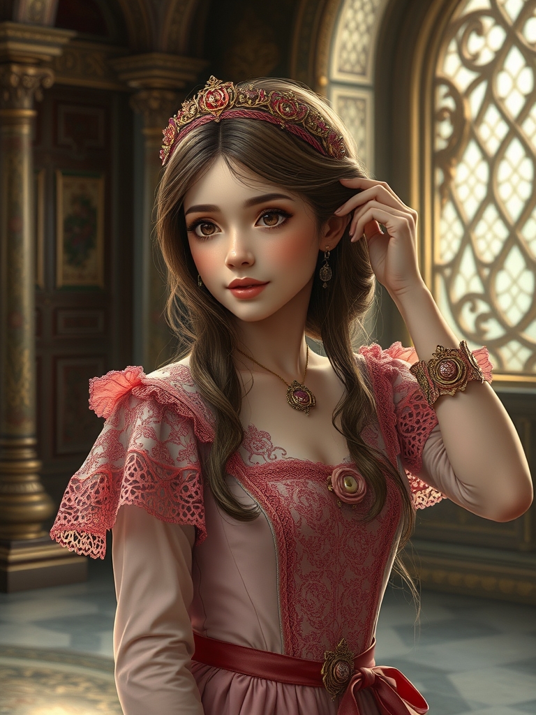 دختری در قصرش که توری صورتی پوشیده و حال شانه کردن موهایش است9