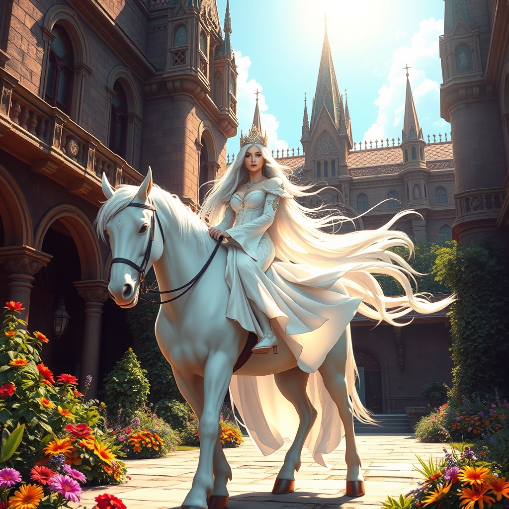 یک ملکه ، موی سفید، موی بلند ، تاج بر سر، لباسی سفید ، سوار بر اسب ، داخل حیاط قصر18