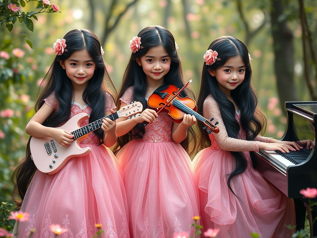 عکس سه تا دختر سه قلو و شبیه به هم با مو های خیلی بلند و مشکی و هر سه تاشون روی مو هایشان گلسر های صورتی اکلیلی به شکل گل دارند و چشم های صورتی دارند و لب های سرخ و لبخندی ملایم و لباس های هر سه تاشون صورتی اکلیلی و دامن دار مانند پرنسس ها است که یکی گیتار می نوازد و یکی ویولن می نوازد و یکی پیانو می نوازد و در حال نواختن ساز هایشان هستند و پشت آنها جنگل پر از گل است16
