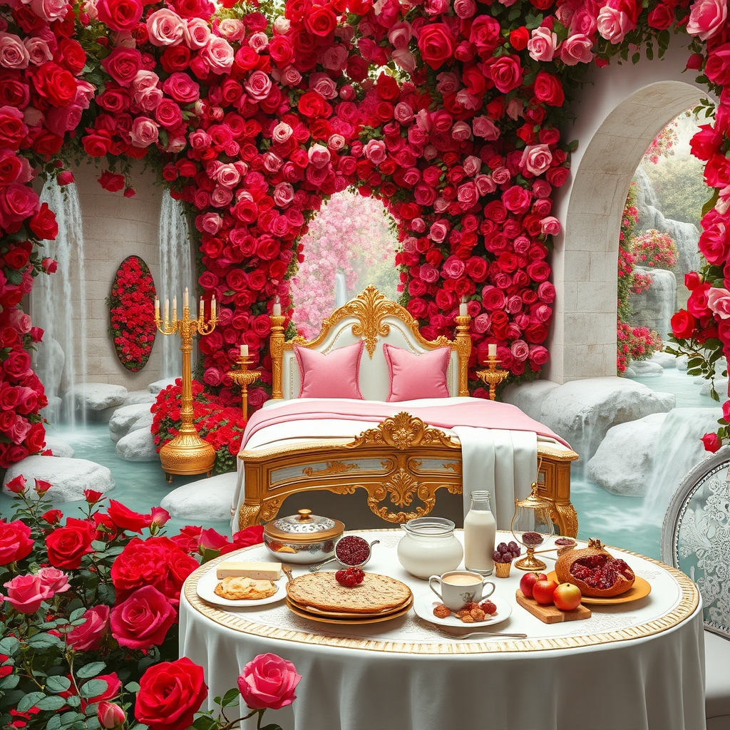 باغ گل رز سرخ و صورتی افسانه ای در و دیوار زمین همه جا سرتاپای باغ با رز سرخ و صورتی پوشیده شده 
آبشاران جاری اند
رودها به هم می ریزند
زیر تونل دراز از گل رز سرخ و صورتی 
یک تخت خواب سفید طلایی سلطنتی با کوسن صورتی و شمعدان های طلا پر شمع 
یک میز سفید و طلایی مجلل صبحانه 
پر نان کره خامه عسل مربا شیر میوه سیب انار انگور10