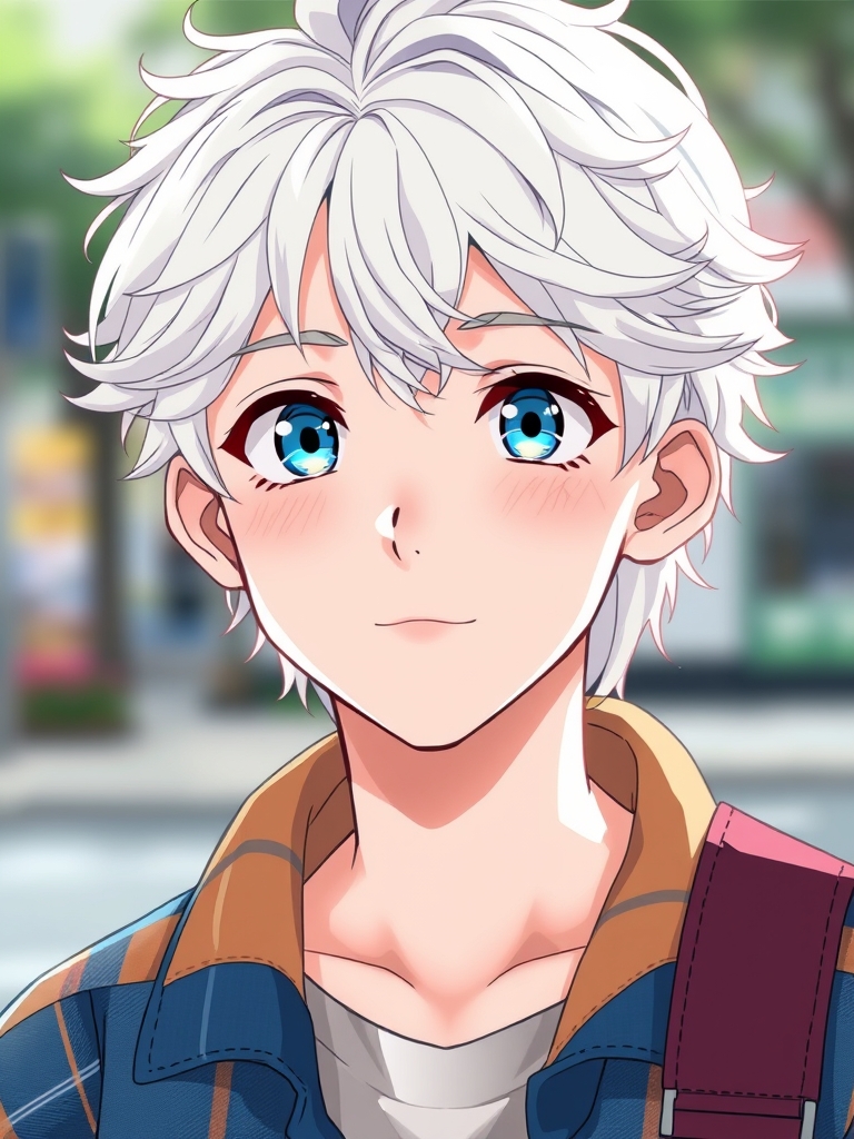 پسر ۲۰ ساله با موهای سفید برفی موج‌دار، چشمان خمار و کشیده آبی آسمانی، با چهره بی‌احساس جذاب، یک ژاکت طرح چهارخانه آبی و نارنجی به تن دارد و یک کیف زرشکی روی دوش او است. پوست صاف و شفاف به سفیدی برف و گلگونی رزهای بهاری. عکس از زاویه دور تر از او3