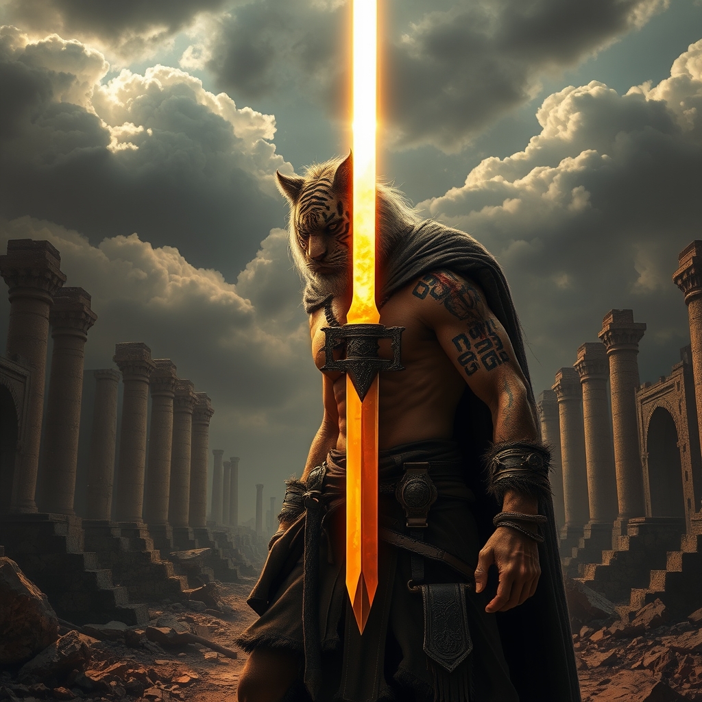 مردی با چهره مانند ببر زخمی با کیفیت بالا در شهر ایران باستان با شمشیری اتشین و نور از بالا وسط ابر ها میتابد
7