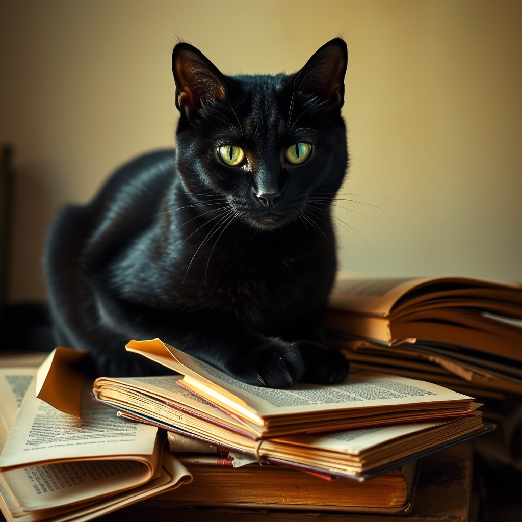 یک گربه سیاه مرموز با چشمان سبز درخشان، نشسته روی انبوهی از کتابهای قدیمی.10