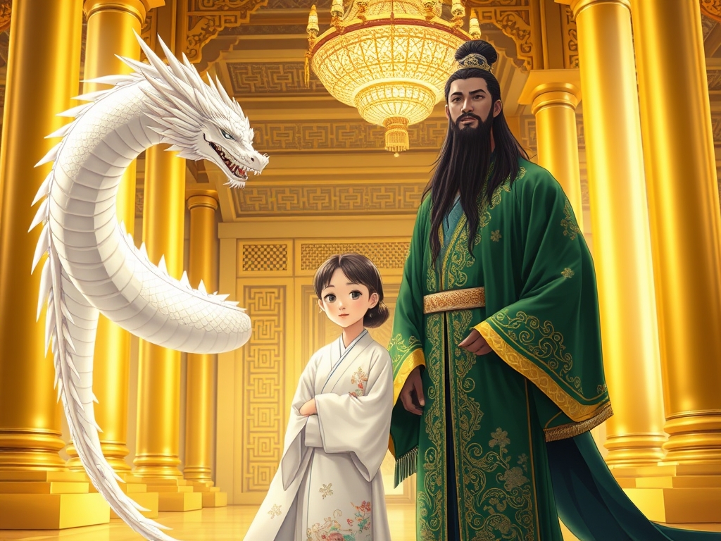 یک دختربا لباس ژاپنی سفید رنگ با طلایی در کاخ طلایی که اژدهای سفیدنزدیک دختر است ویک پادشاه جذاب با لباس سبز یشمی و کناره ی طلایی ژاپنی کنار دختر است2