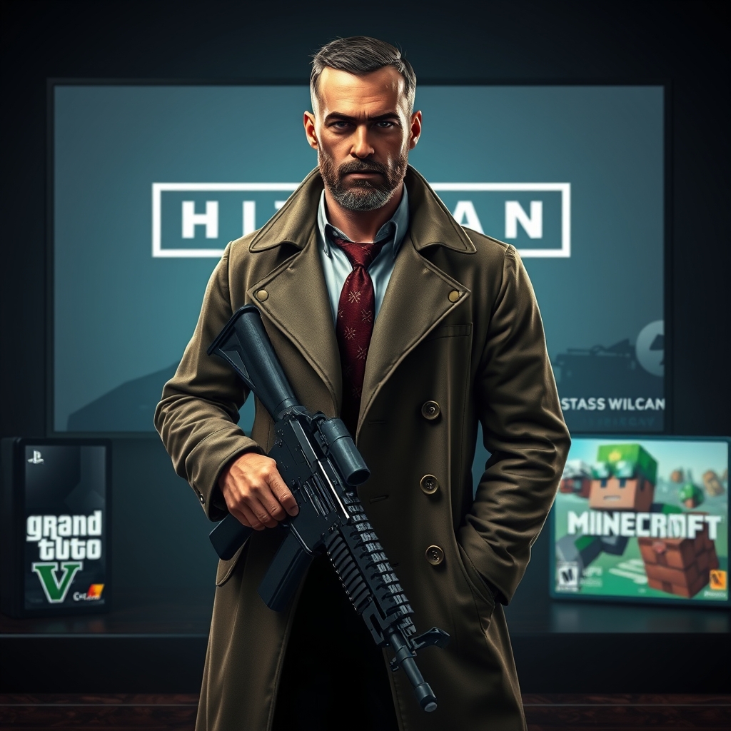 عکس شخصی با تفنگ که کت کاراگاهی داره و خوش تیپ است. جلوی تصویر هیتمن و کنارش بازی های جی تی ای وی و ماینکرافت وجود دارد. شخص ریشی کوتاه دارد.17