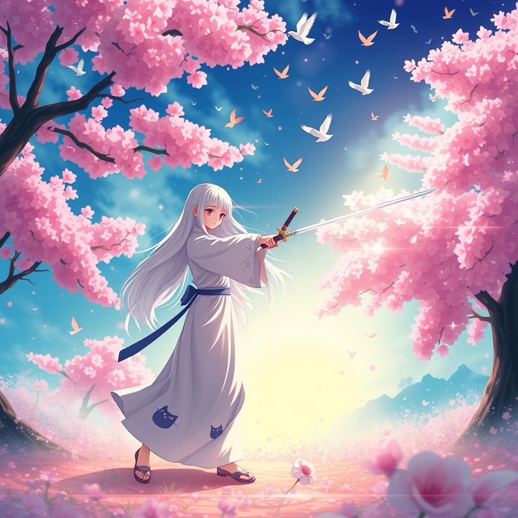 یک جای رویای که پر از گل و درخت های صورتی است و پرنده های رنگارنگ در آسمان پرواز می کند و یک دختر با لباس گربه ای در وسط آنجا است و دارد شمشیر بازی می کند و مو های سفید دارد نور پردازی شده باشه 20