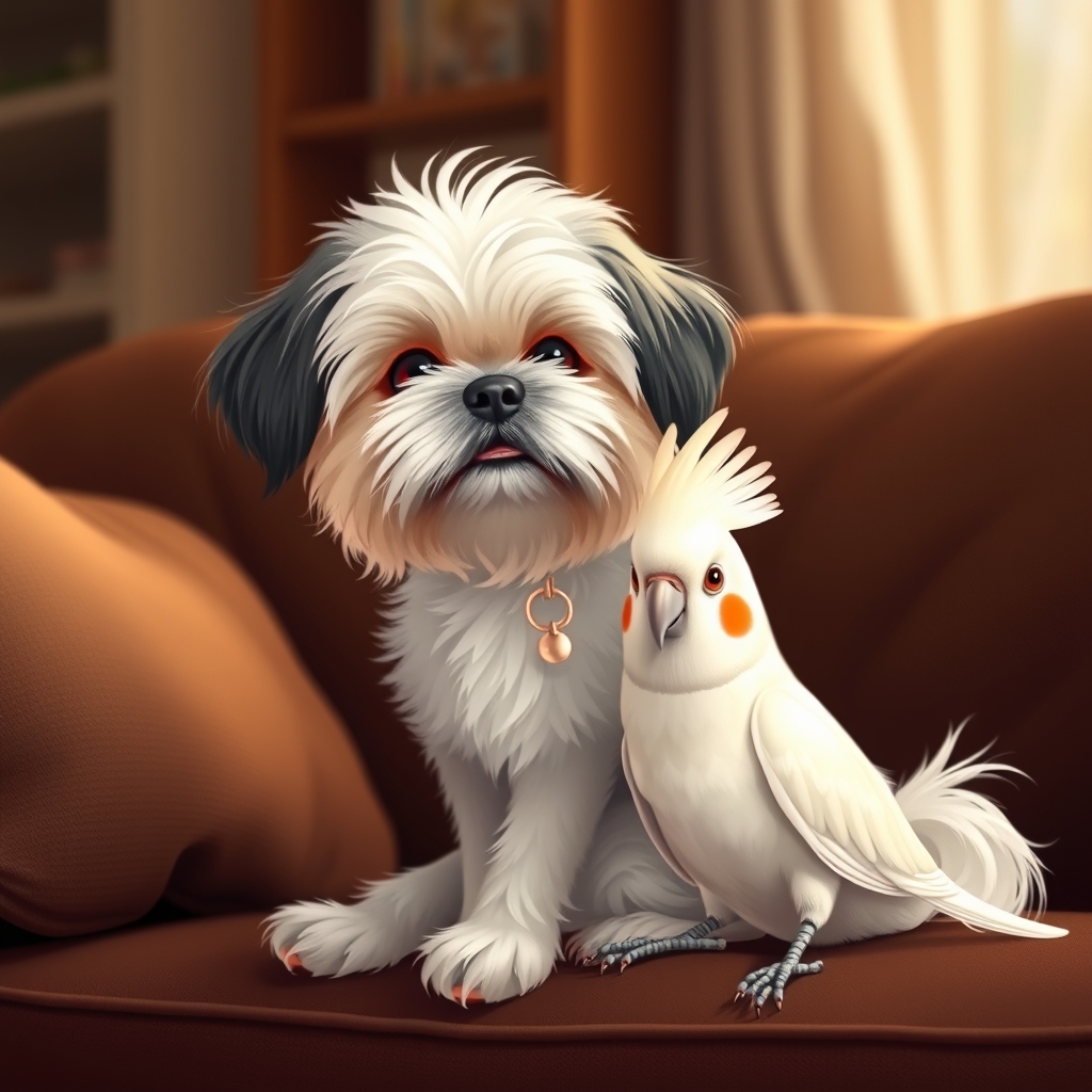 تصویری زیبا و دلنشین و کیوت از دوستی یک سگ نژاد شیتزو اشپیتز  با پوزه ای کمی کشیده و بسیار ظریف به رنگ سفید مشکی و یک پرنده از نژاد عروس هلندی کوچیک سفید با لپ های قرمز  که ( با هم دوست هستند و خیلی همدیگر رو دوست دارند ) در پس زمینه ی سالن پذیرایی یک خانه ی زیبا و دلنشین با مبل های نسکافه ای تیره رنگ 2