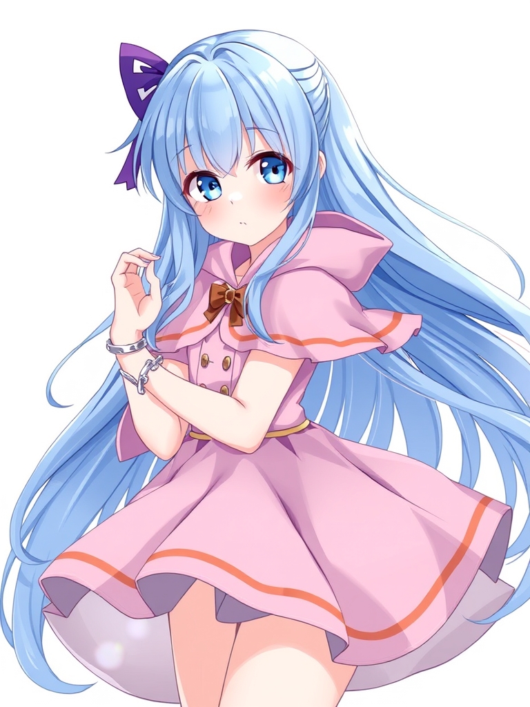 دختر با موهای بلند آبی بلنننننننند  خیلی کم رنگ چشمانش ابی و لباس پف پفی با دامن خیلی بزرگ با شنل کوچک و دستبند نقره 0