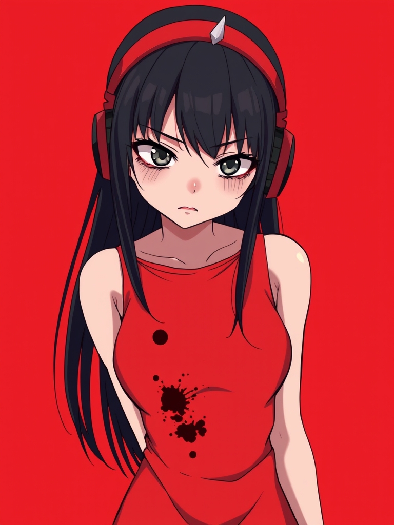 یک دختر نوجوان 18 ساله با قد190 و لاغر با صورتی کشیده و چهره ای عصبانی و پیراهنی مد روز به رنگ و قرمز براق پوشیده و روی پیراهنش لکه ای تیره و کثیف جلب توجه می کند موهای بلند و صاف صاف و کم پشت داشته باشه موهاش خیلی خیلی مشکی باشه و هدفون قرمز مشکی داشته باشه چشاش مشکی باشه و کفشهای مشکی براق داشته باشد پس زمینه قرمز باشه و دختره عصبانی باشه و صورتش از خشم بی نهایت قرمز شده باشه و روی صورتش هم رد ریمل دیده شه انگار ریمل زده و با گریه پاک شده ریمل هاش صورتش خیلی قرمز باشه12