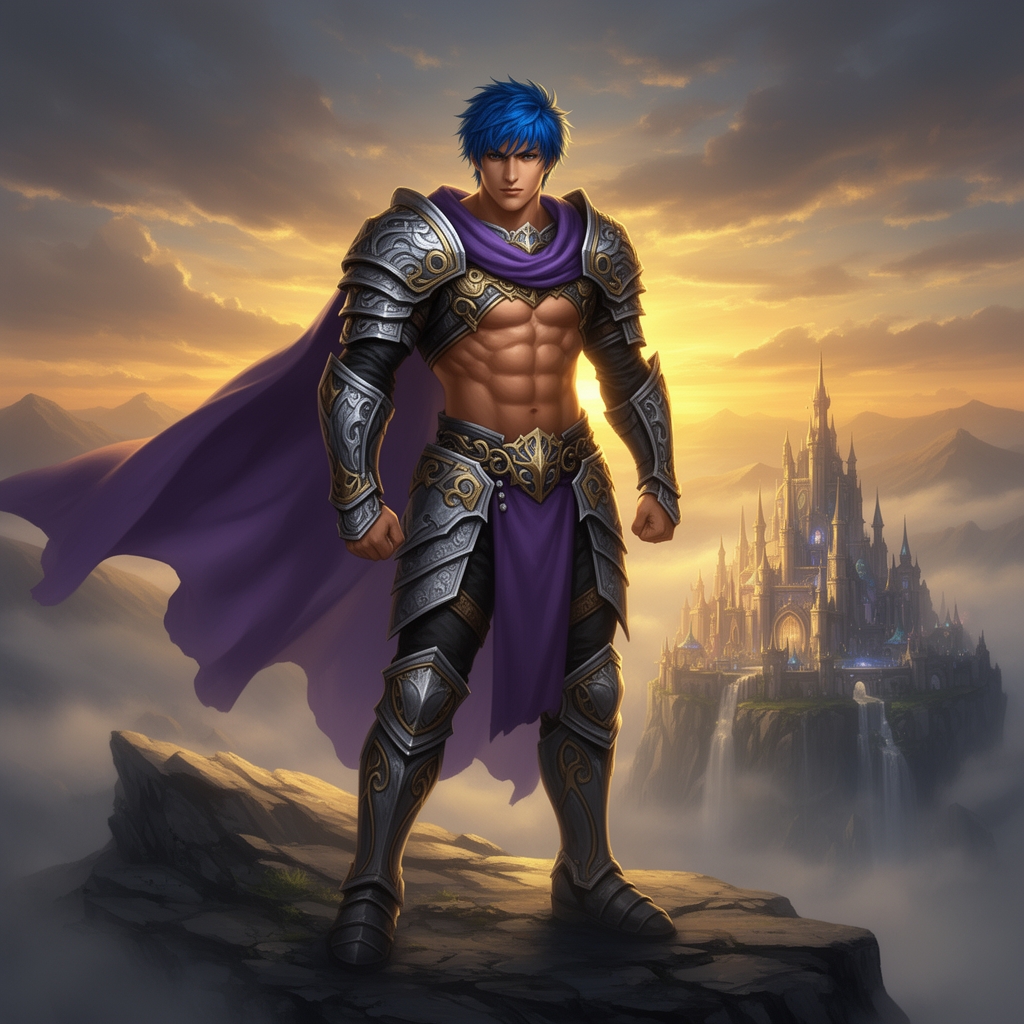 جوان (( مرد )) ورزشکار هیکلی تنومند و شکم شش تکه موهای ابی لباسهای جنگجوی با شنل بنفش 0